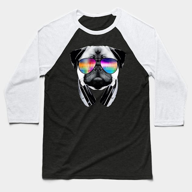 Trippy Pug Dog Wearing Music Equalizer Sunglasses Baseball T-Shirt by Wishtopia